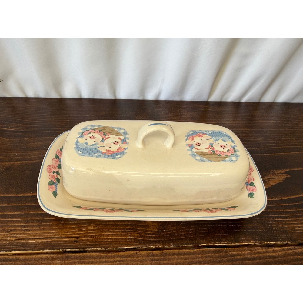 VTG Tienshan Stoneware Butter Dish Pig Pals Gingham Floral Country Farmhouse